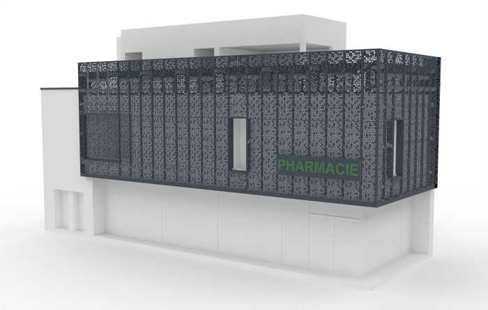 bardage et gardes-corp jardinières en tôle perforées pour la pharmacie de Warsage